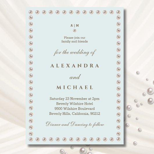 Elegante Blauwe Monogram Parel bruiloft Kaart