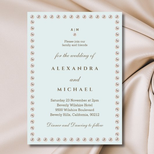 Elegante Blauwe Monogram Parel bruiloft Kaart