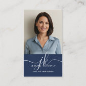 Elegante blauwe monogram script beginletters foto visitekaartje (Voorkant)