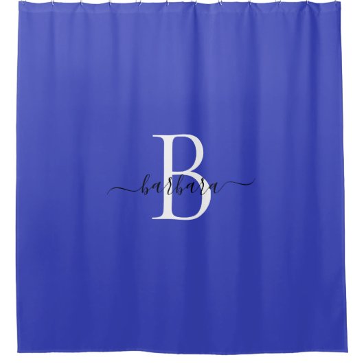 Elegante blauwe monogram scriptnaam douchegordijn (Voorkant)