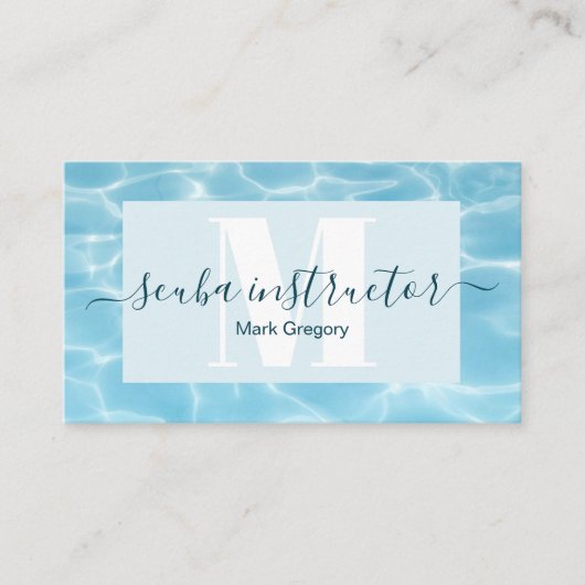 Elegante Blauwe Monogram Scuba Duikinstructeur Visitekaartje (Voorkant)