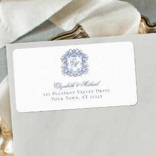 Elegante Blauwe Monogram Wapen Huwelijksadres Etiket
