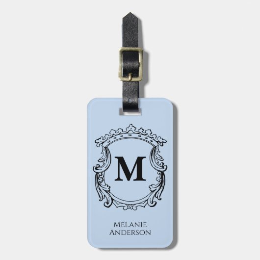 Elegante Blauwe Monogram Wapenschild  Bagagelabel (Voorkant verticaal)