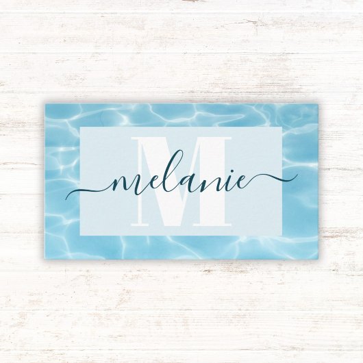 Elegante blauwe monogram zwemleraar coach visitekaartje