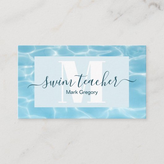 Elegante blauwe monogram zwemleraar visitekaartje (Voorkant)