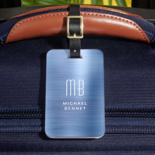 Elegante blauwe monogrammen bagagelabel (Voorkant Insitu 2)