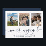 Elegante blauwe multiphoto Aankondiging verloofd<br><div class="desc">Elegant Blue Verloving-aankondigingskaart met 3 van uw foto's,  met de uitnodiging voor de verlovingsfeest op de achterkant. Makkelijk te personaliseren.</div>