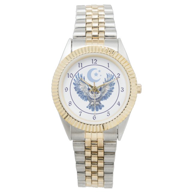 Elegante Blauwe Nachtuil en Maan Horloge (Voorkant)