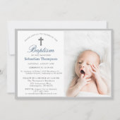 Elegante Blauwe Navy Stripes Foto Doop Kaart (Voorkant)