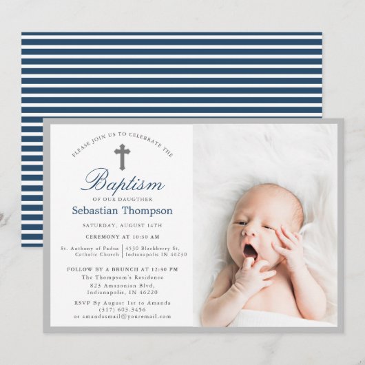 Elegante Blauwe Navy Stripes Foto Doop Kaart (Voorkant / Achterkant)