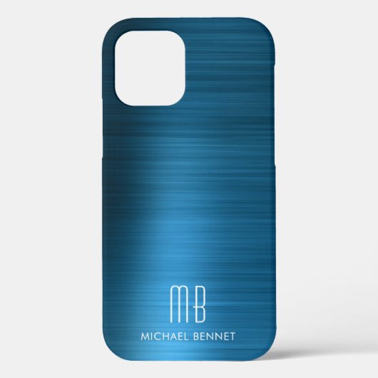 Elegante Blauwe Nep Geborsteld Metaal Monogram Case-Mate iPhone Case (Achterkant)