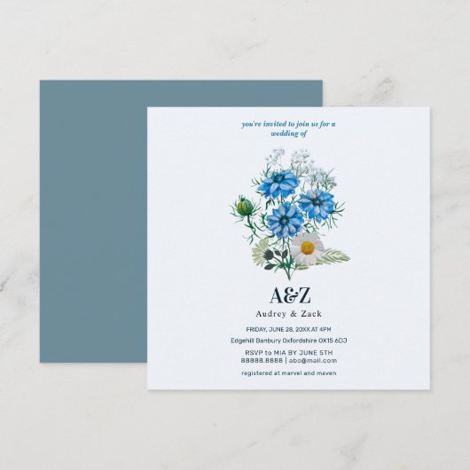 Elegante blauwe Nigella bloem BRUILOFT (Voorkant / Achterkant)