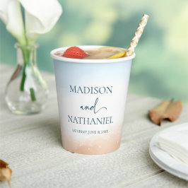 Elegante Blauwe Oceaan Strand Oever Zand Bruiloft Papieren Bekers