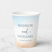 Elegante Blauwe Oceaan Strand Oever Zand Bruiloft Papieren Bekers (Voorkant)