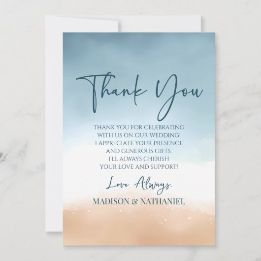 Elegante Blauwe Oceaan Strand Oever Zand Trouwdag Bedankkaart (Voorkant)