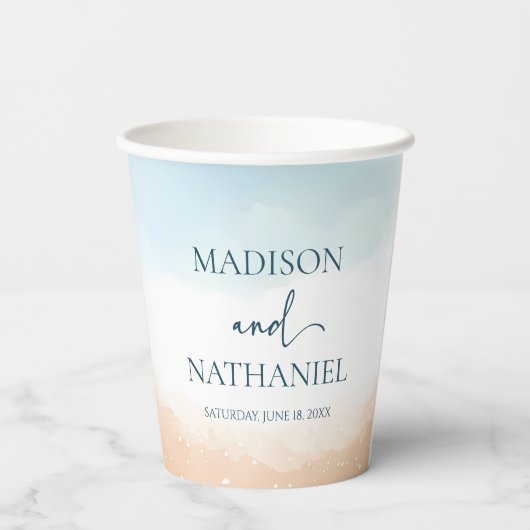 Elegante Blauwe Oceaan Strand Oever Zand Trouwfees Papieren Bekers (Achterkant)