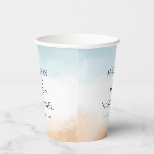 Elegante Blauwe Oceaan Strand Oever Zand Trouwfees Papieren Bekers (Rechts)