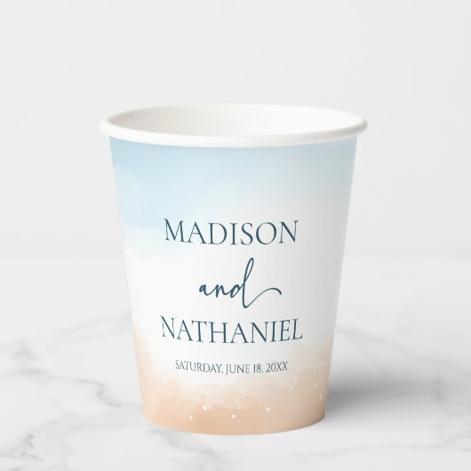 Elegante Blauwe Oceaan Strand Oever Zand Trouwfees Papieren Bekers (Voorkant)