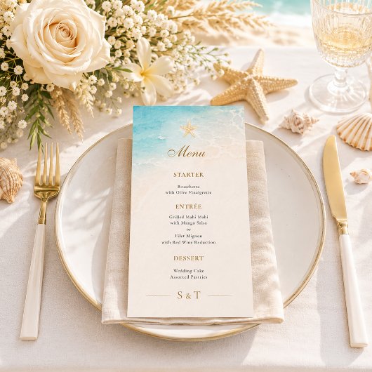 Elegante Blauwe Oceaan Zeester Trouw Menu