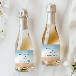 Elegante Blauwe Oceaankust Strand Zand Trouw Sparkling Wijnetiket