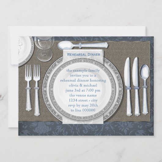 Elegante blauwe oefen diner uitnodigingen (Voorkant)
