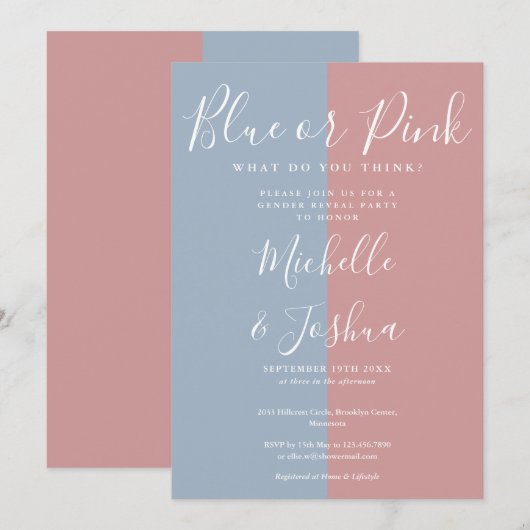 Elegante blauwe of roze gender reveal party kaart (Voorkant / Achterkant)