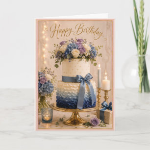 Elegante Blauwe Ombre Bloemige Verjaardagstaart Kaart