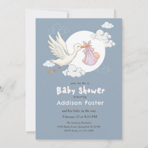 Elegante Blauwe Ooievaar Meisje Baby Shower Kaart
