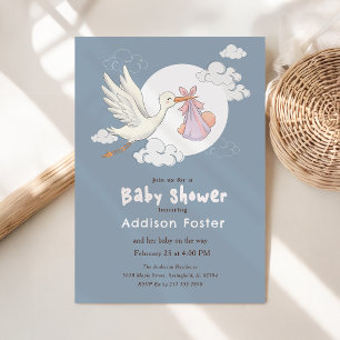 Elegante Blauwe Ooievaar Meisje Baby Shower Kaart