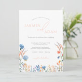 Elegante Blauwe & Oranje Wildflowers Wedding Kaart (Staand voorkant)