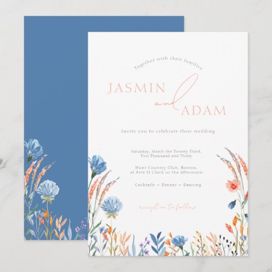 Elegante Blauwe & Oranje Wildflowers Wedding Kaart (Voorkant / Achterkant)
