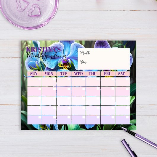 Elegante Blauwe Orchidee Kalender Maandplanner Notitieblok