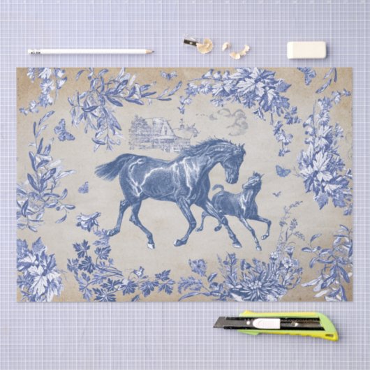 Elegante  Blauwe Paard Bloemen Toile Kraft Tissuepapier (Craft)