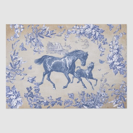 Elegante  Blauwe Paard Bloemen Toile Kraft Tissuepapier (Voorkant)