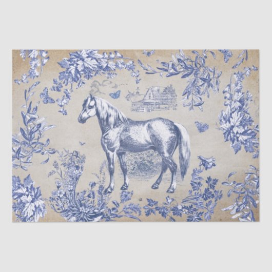 Elegante  Blauwe Paard Bloemen Toile Kraft Tissuepapier (Voorkant)
