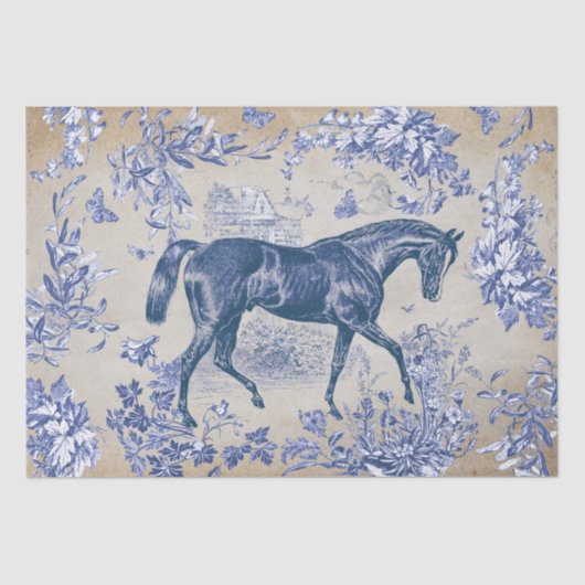 Elegante  Blauwe Paard Bloemen Toile Kraft Tissuepapier (Voorkant)