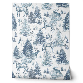 Elegante  Blauwe Paarden in Sneeuw Bossen Toile Behang