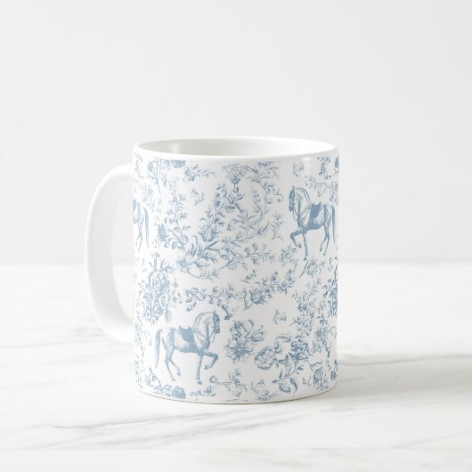 Elegante Blauwe Paardrijden Bloemmotief Toile Naam Koffiemok (Voorkant links)
