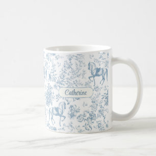 Elegante Blauwe Paardrijden Bloemmotief Toile Naam Koffiemok