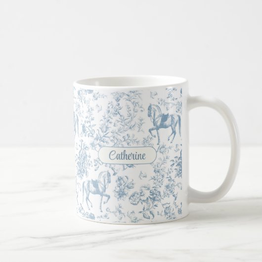 Elegante Blauwe Paardrijden Bloemmotief Toile Naam Koffiemok (Rechts)