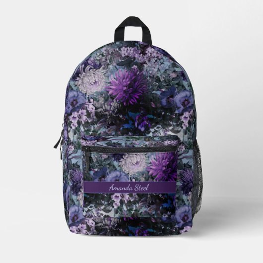 Elegante blauwe paarse bloemen monogram bedrukte rugzak (Voorkant)