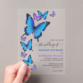 Elegante Blauwe Paarse Bloemen Vlinderbruiloft Acryl Uitnodigingen (Insitu (Draagbaar))