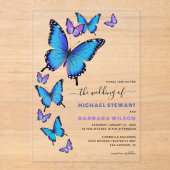 Elegante Blauwe Paarse Bloemen Vlinderbruiloft Acryl Uitnodigingen (Voorkant)
