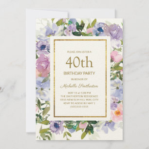 Elegante Blauwe Paarse Bloemense Gold 40e Verjaard Kaart