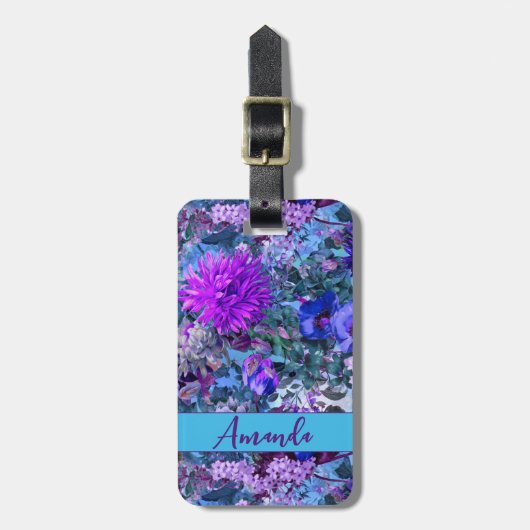 Elegante blauwe paarse bloemmotief monogram bagagelabel (Voorkant verticaal)