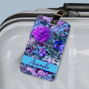 Elegante blauwe paarse bloemmotief monogram bagagelabel