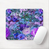 Elegante blauwe paarse bloemmotief monogram muismat (Met muis)
