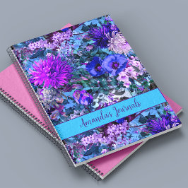 Elegante blauwe paarse bloemmotief monogram notitieboek