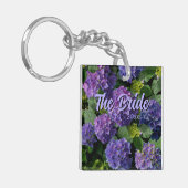 Elegante blauwe paarse magenta groene bloemhydrang sleutelhanger (Voorkant Links)