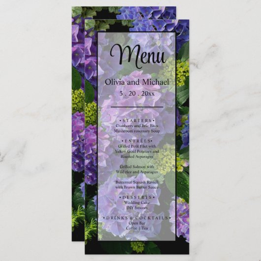 Elegante blauwe paarse magenta groene bloemige hor menu (Voorkant / Achterkant)